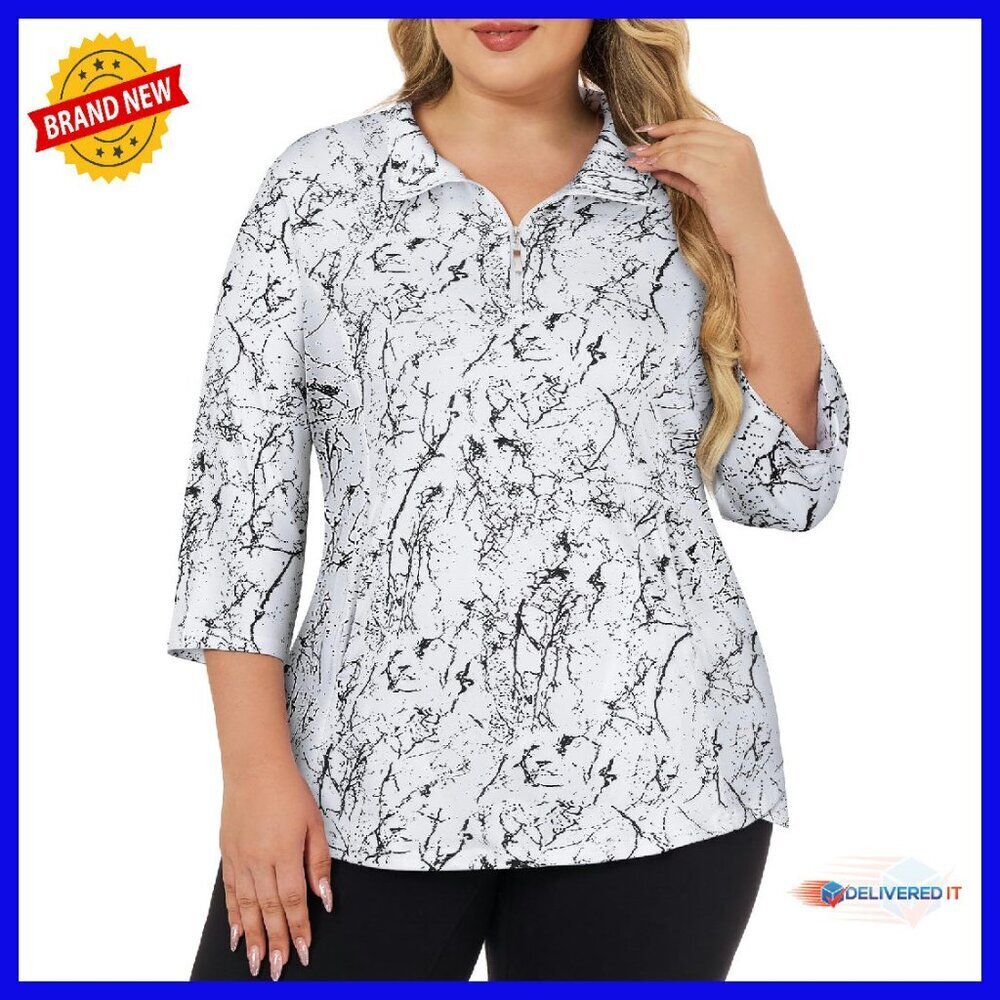 Plus Size 3/4 Sleeve Zip Polo Golf Shirt Moisture Wicking Pockets